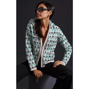 Maeve Anthropologie Harriet Hooded Zip-Up Sweater Jacket Medium Airplane Print